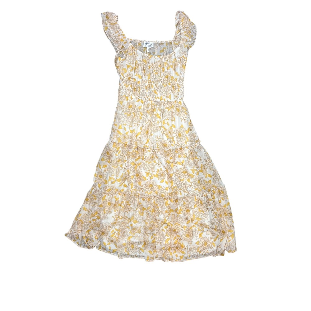 Trixxi Los Angeles Women Yellow Floral Smocked Tiered Midi Dress Size M Feminine